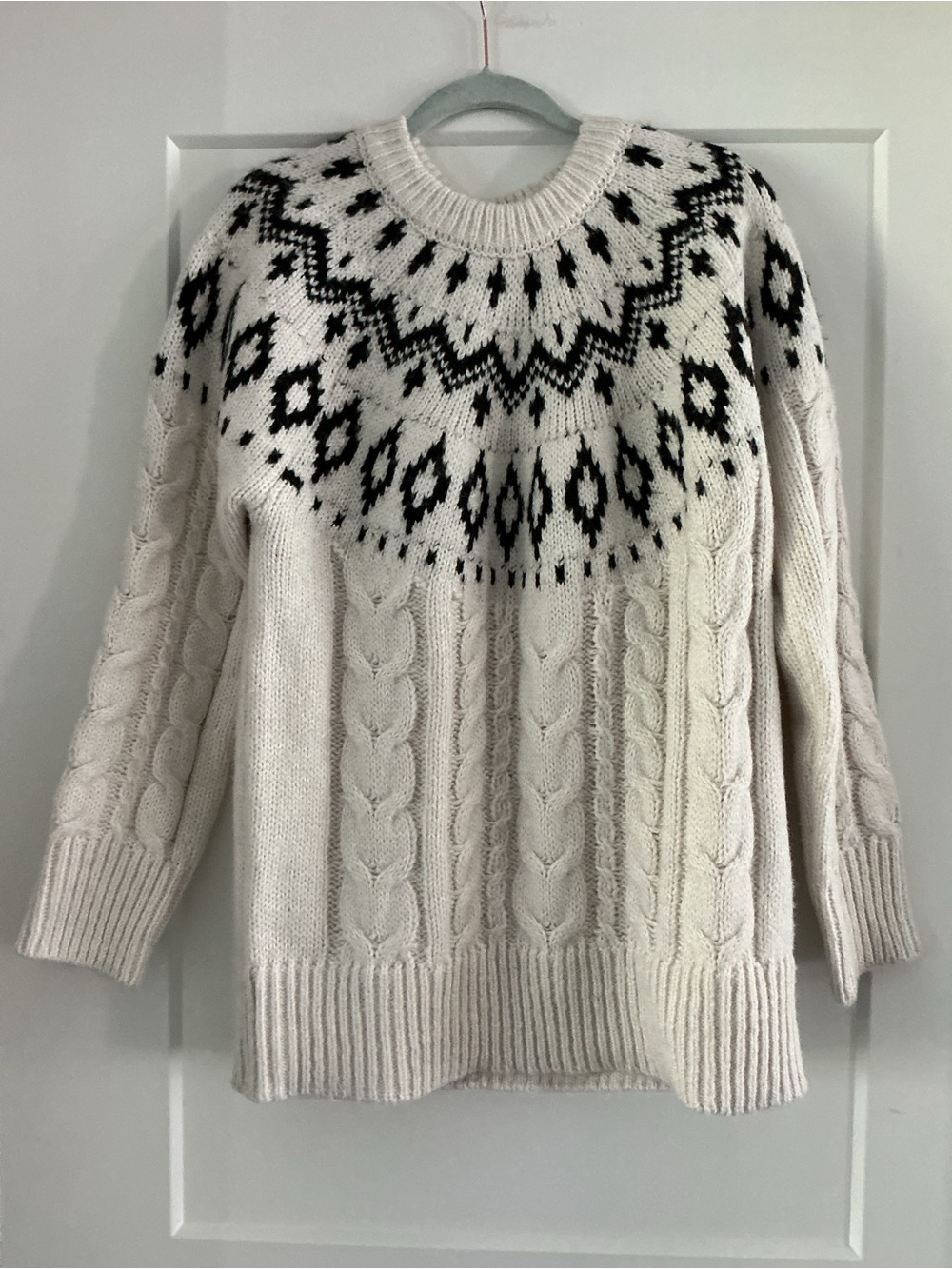 Magaschoni Cream Cable Knit Sweater with Black Nordic Yoke, NWT LARGE